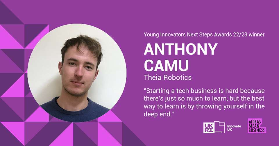 A Young Innovators Next Steps Awards purple asset including an image of Anthony Camu two logos and a quote reading 